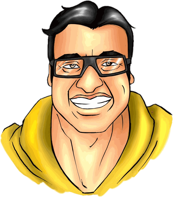 The VikiD Truth: a grinning superhero caricature with black hair, thick black glasses and a yellow hooded cape